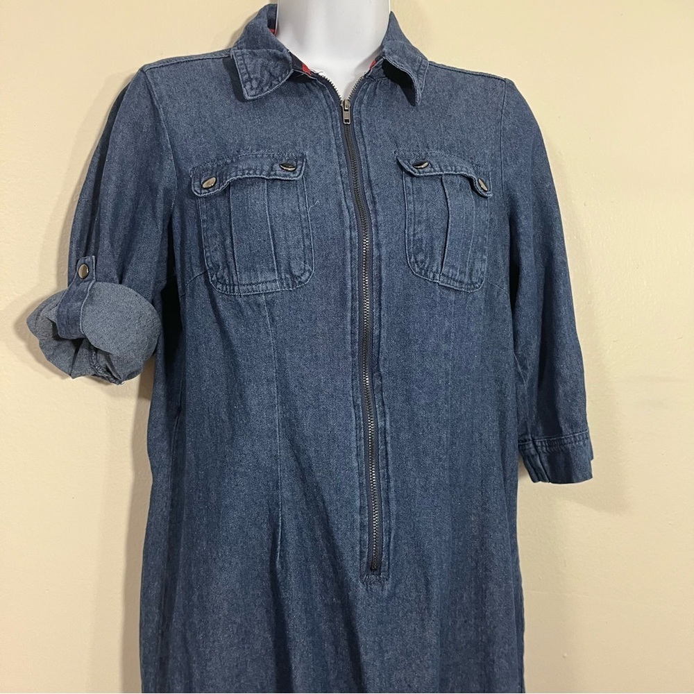 Denim Mini Dress Front Exposed Zipper Safari Sleeves Size Small Fall Streetwear - Picture 6 of 9